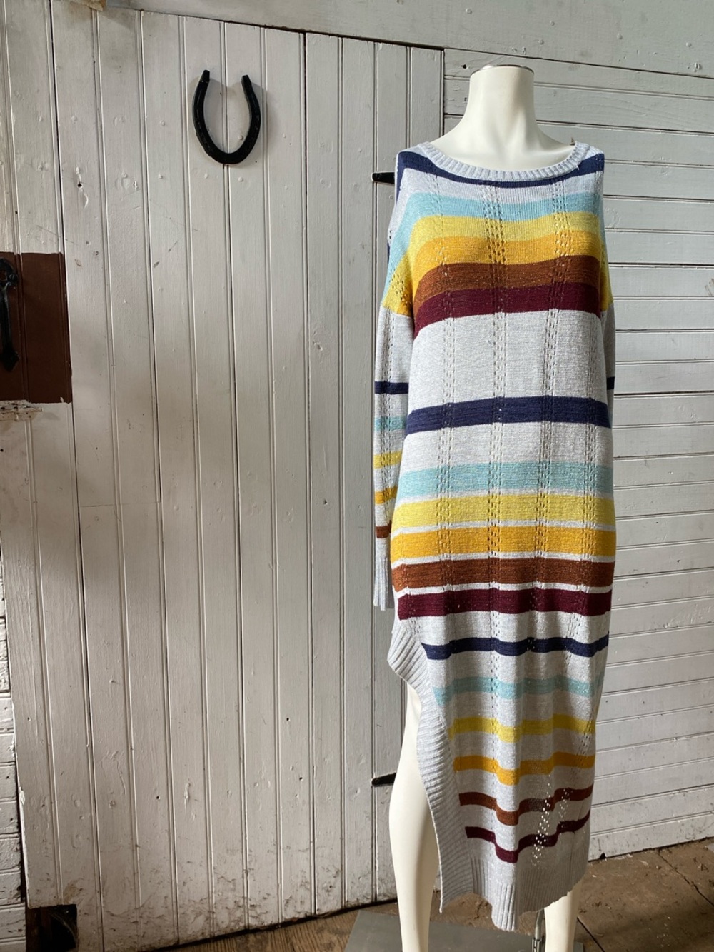 Free People Striped Midi Sweater Dress in White, Yellow, Blue, Maroon